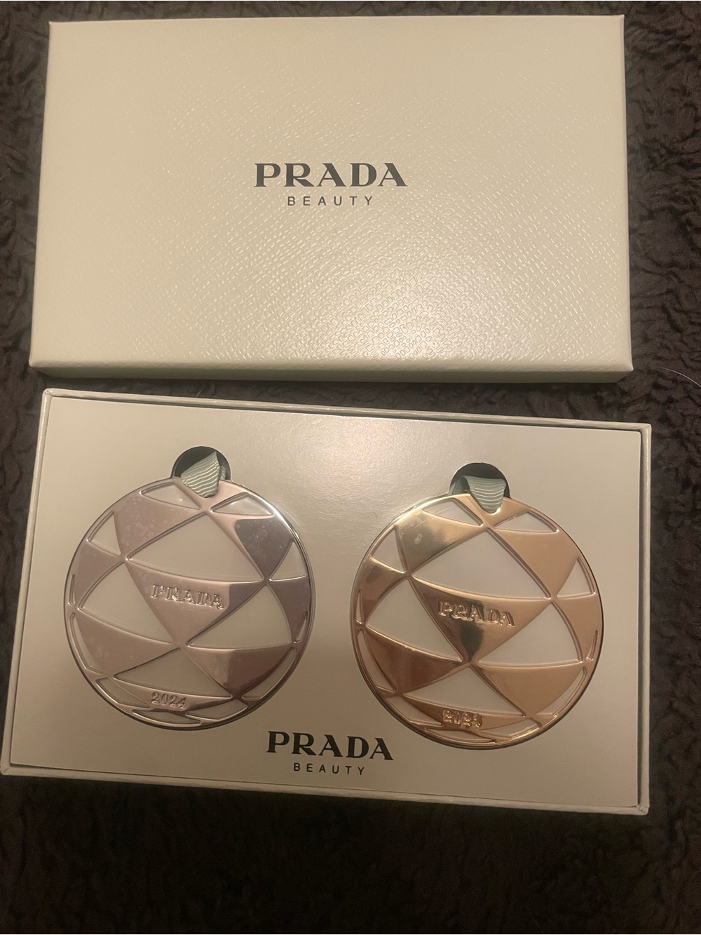 Prada Beauty Dual Compact Pair - Silver & Rose Gold Christmas Ornaments